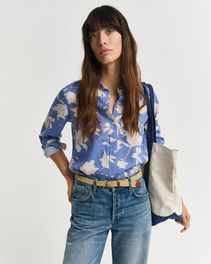 Regular Fit Floral Print Linen Shirt Perfect Blue | Skjorter og bluser | Smuk - Dameklær på nett