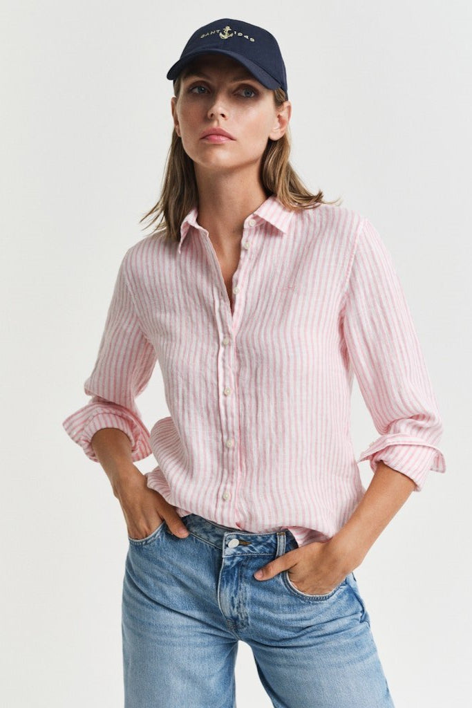 Regular Fit Striped Linen Shirt Geranium Pink | Skjorter og bluser | Smuk - Dameklær på nett