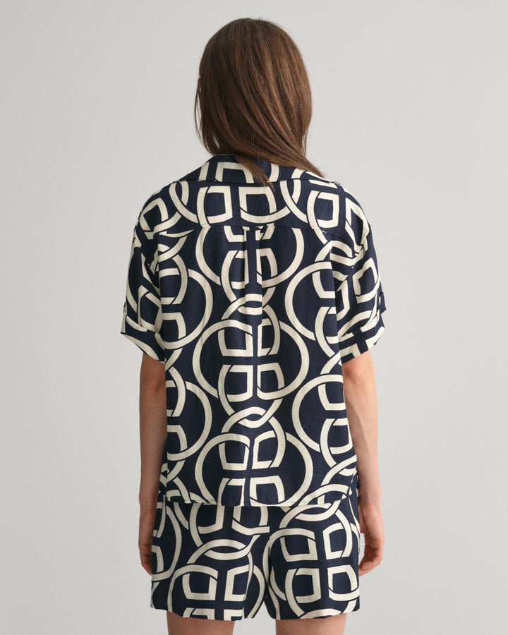 Relaxed Fit Monogram Print Popover Short Sleeve Shirt Evening Blue | Skjorter og bluser | Smuk - Dameklær på nett