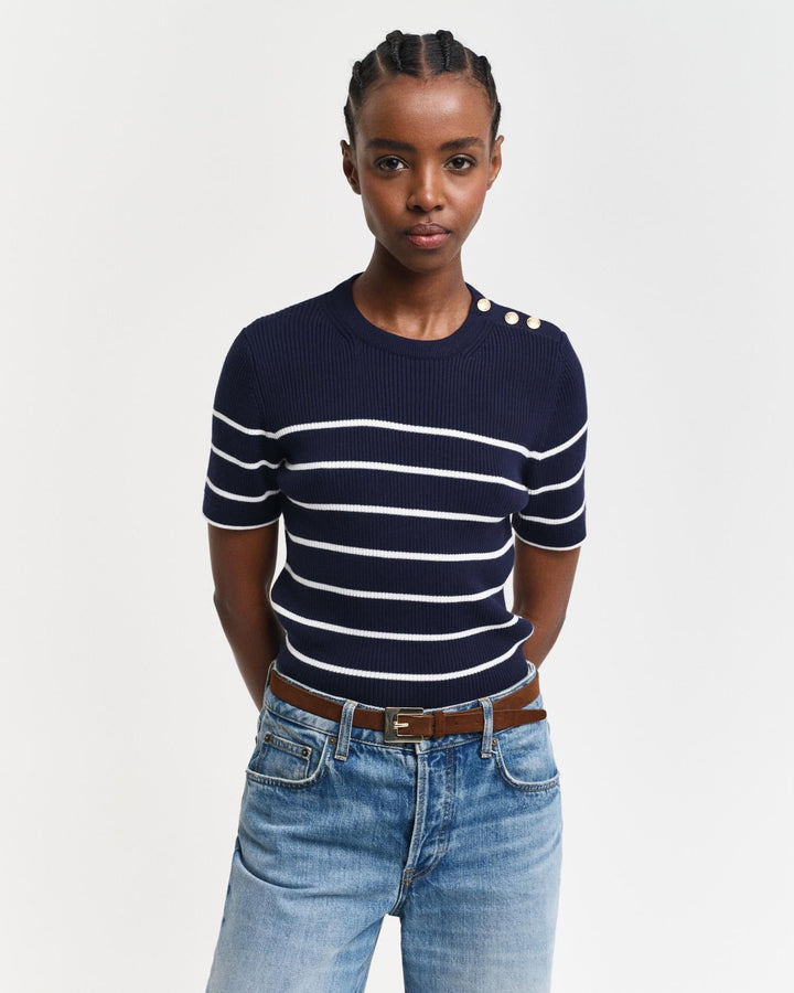 Ribbed Breton Crew Neck Sweater Evening Blue | Genser | Smuk - Dameklær på nett