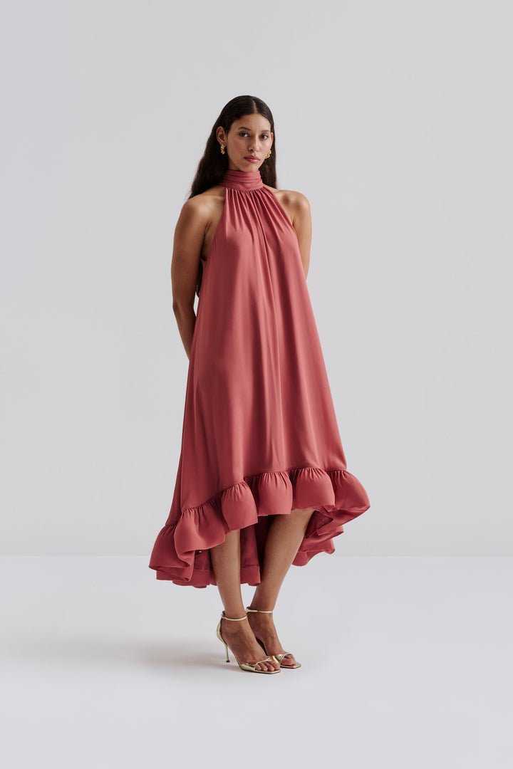 Sabrina Halterneck Ruffled Maxi Dress Terracotta | Kjoler | Smuk - Dameklær på nett