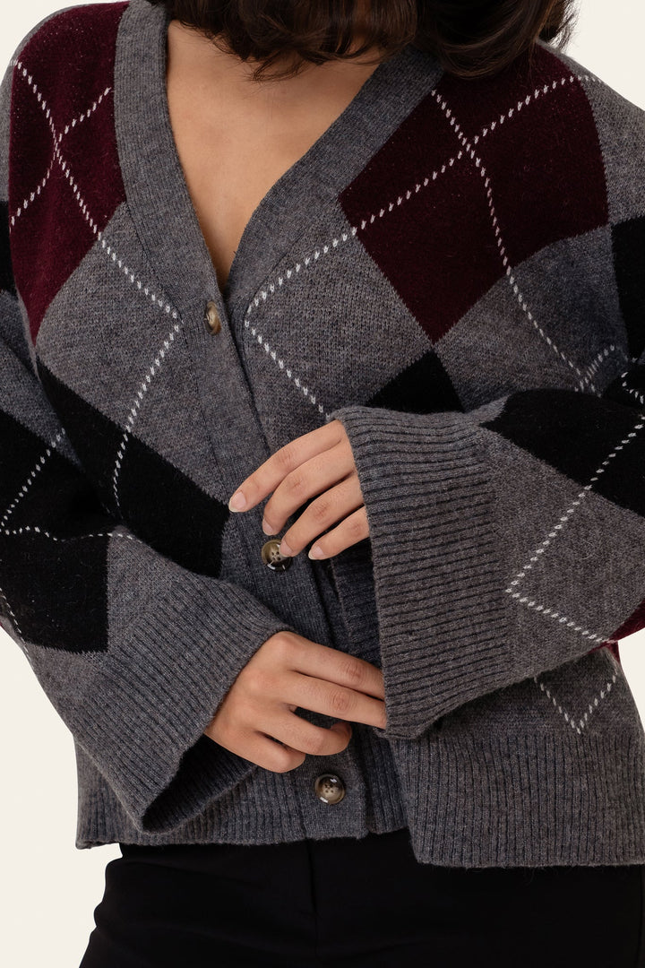 Sascha Cardigan Grey Argyle | Genser | Smuk