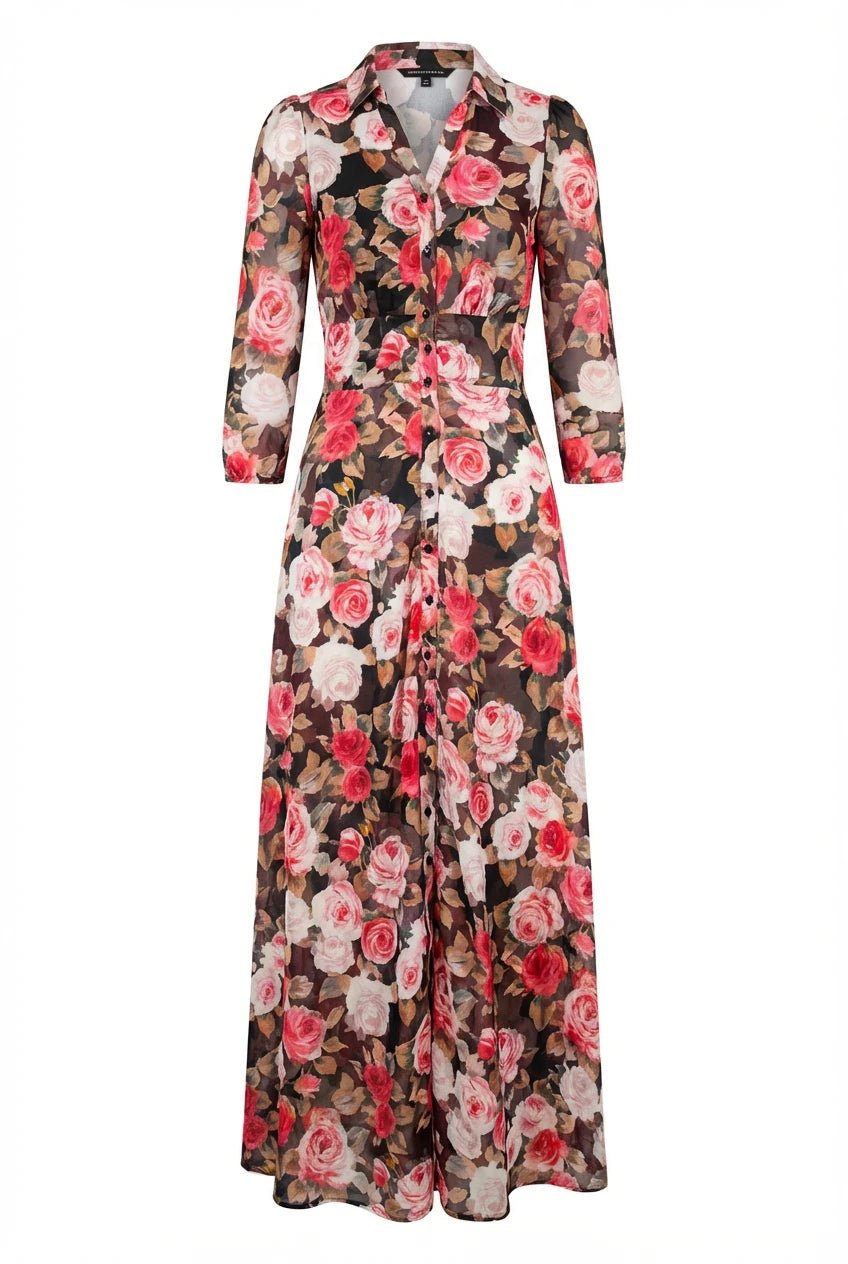 Satin Button - Down Dress Midnight Roses | Kjoler | Smuk