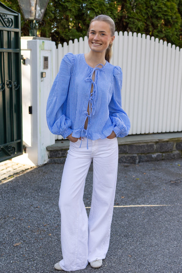 Seersucker Bow Blouse Blue Checks | Skjorter og bluser | Smuk