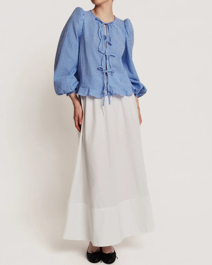 Seersucker Bow Blouse Blue Checks | Skjorter og bluser | Smuk