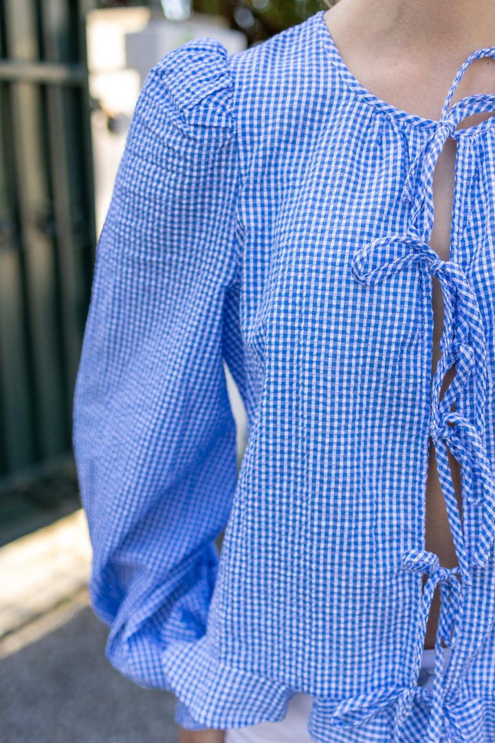 Seersucker Bow Blouse Blue Checks | Skjorter og bluser | Smuk