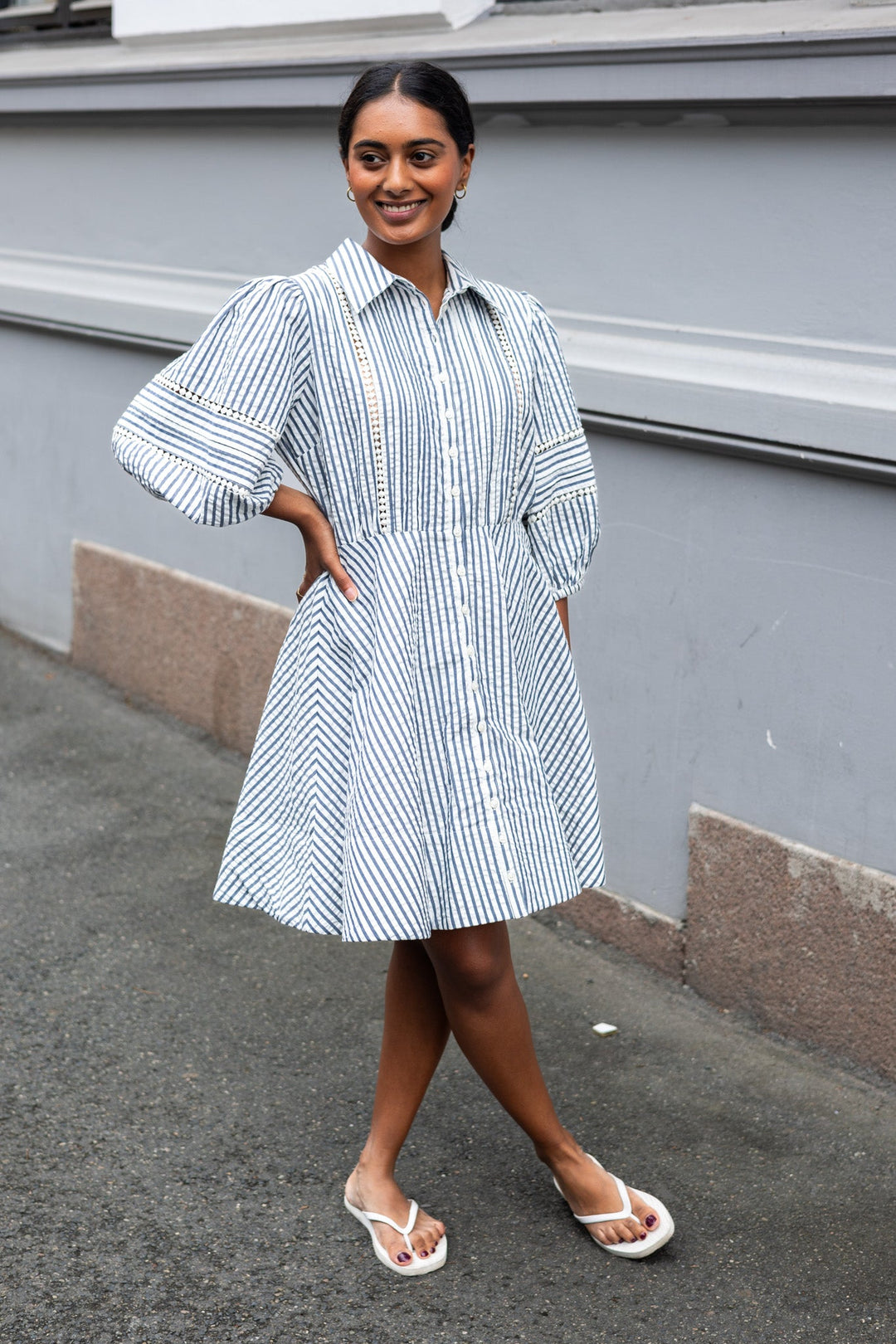 Seersucker Decorated Dress Blue Stripe | Kjoler | Smuk - Dameklær på nett