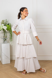 Seersucker Flounce Dress Khaki Stripe