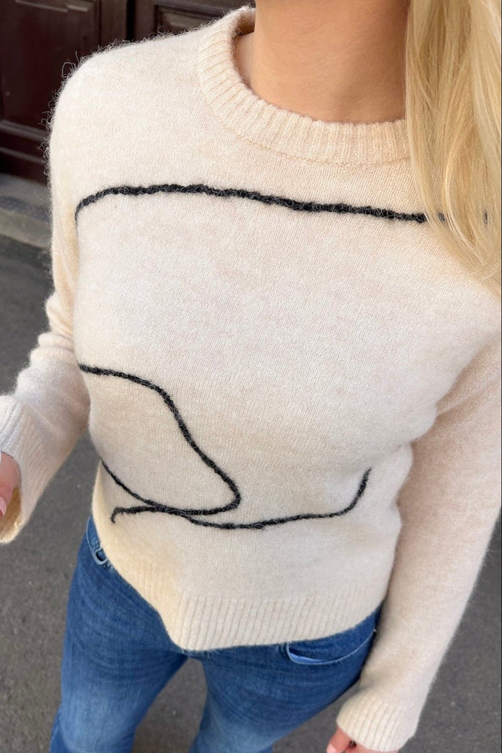 Sia Ras Ls Knit Artwork O - Neck Birch Black | Genser | Smuk - Dameklær på nett