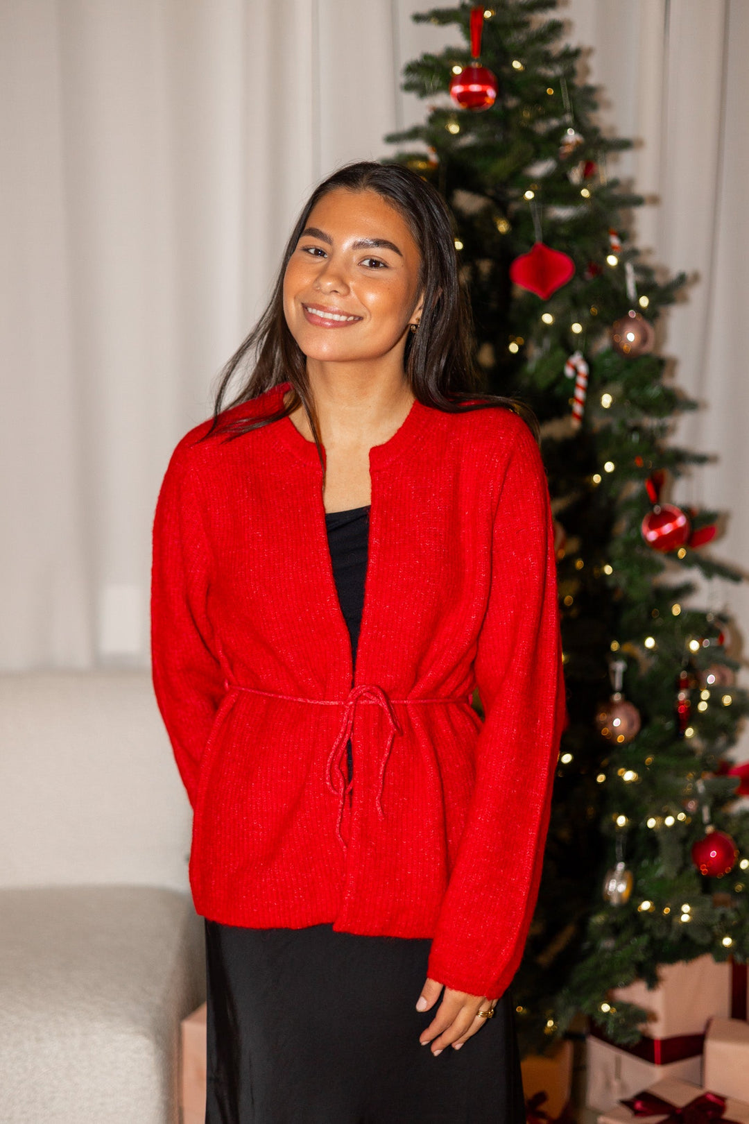 Sia Ras Ls Knit Belt Cardigan Equestrian Red Melange | Genser | Smuk