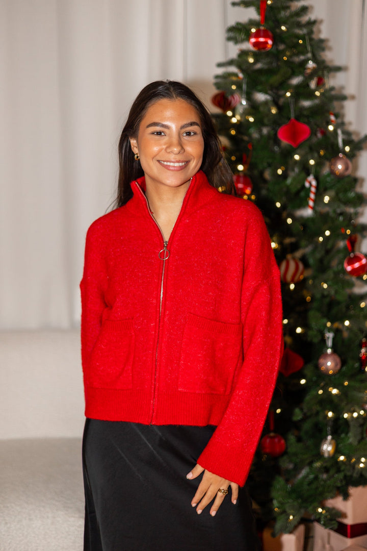 Sia Ras Ls Knit Zipper Cardigan Equestrian Red Melange | Genser | Smuk