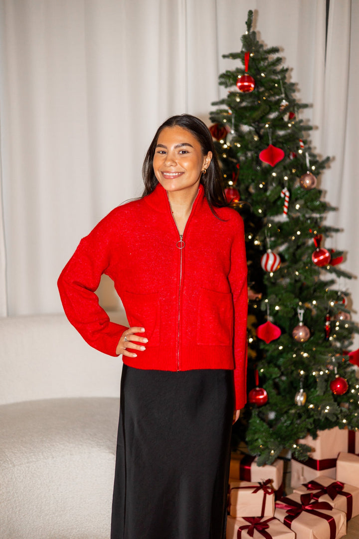 Sia Ras Ls Knit Zipper Cardigan Equestrian Red Melange | Genser | Smuk