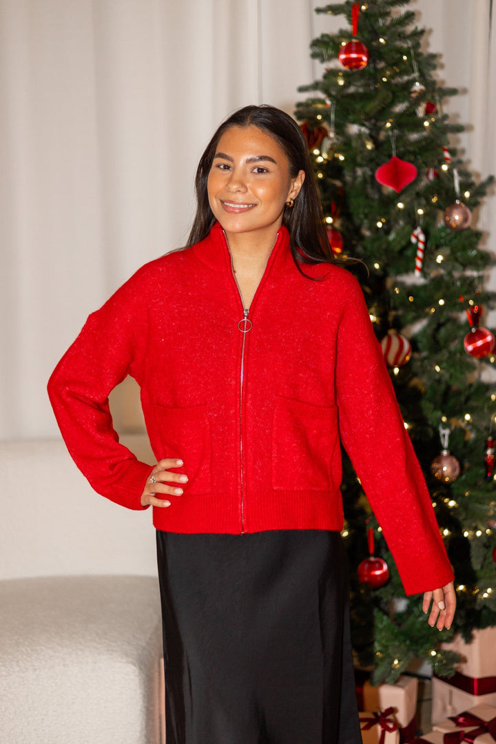 Sia Ras Ls Knit Zipper Cardigan Equestrian Red Melange | Genser | Smuk