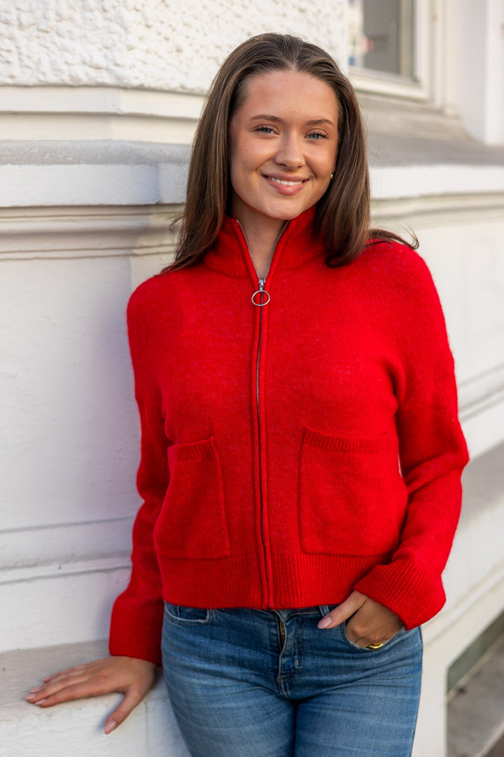 Sia Ras Ls Knit Zipper Cardigan Equestrian Red Melange | Genser | Smuk - Dameklær på nett