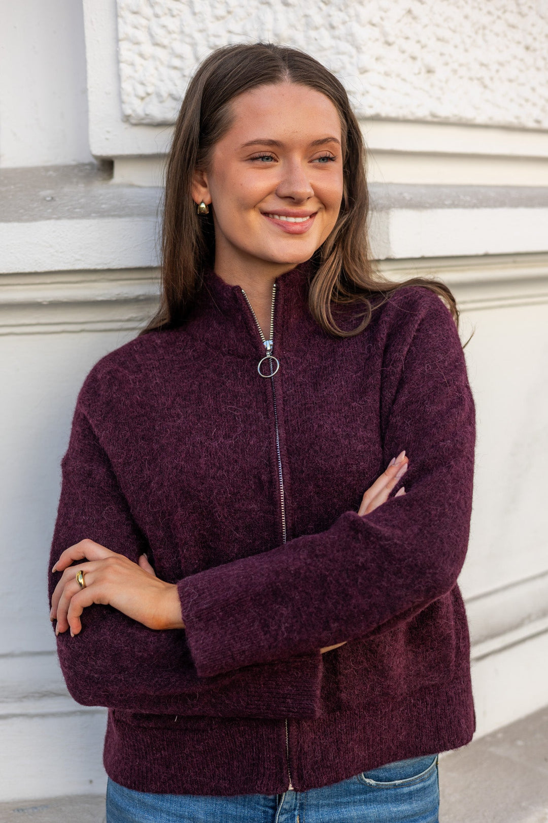 Sia Ras Ls Knit Zipper Cardigan Fig Melange | Genser | Smuk - Dameklær på nett