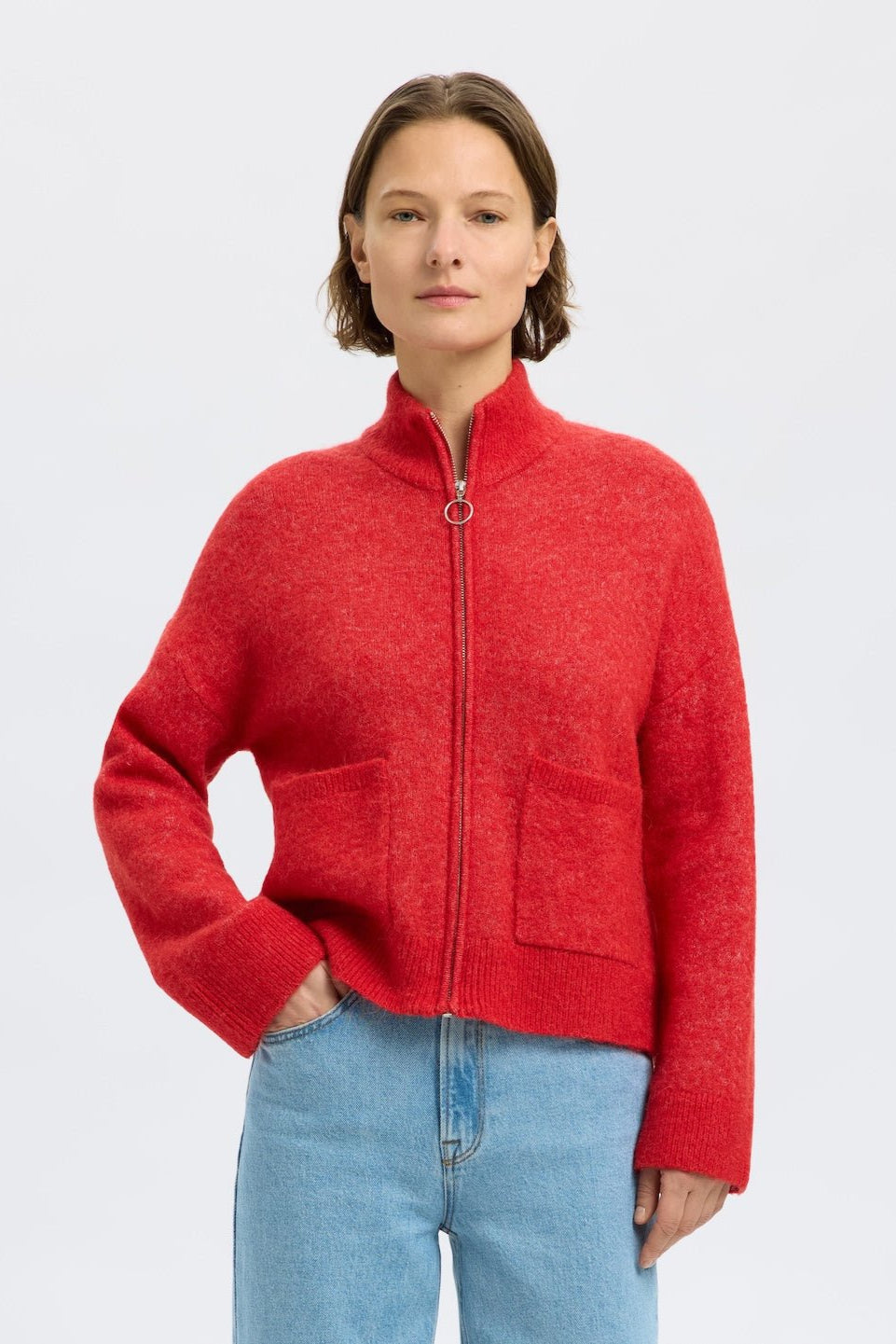 Sia Ras Ls Knit Zipper Cardigan Flame Scarlet Melange | Genser | Smuk - Dameklær på nett