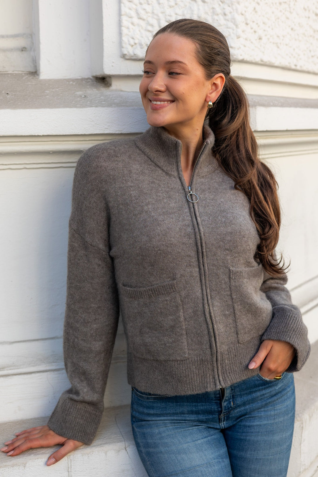 Sia Ras Ls Knit Zipper Cardigan Steel Gray Melange | Genser | Smuk - Dameklær på nett