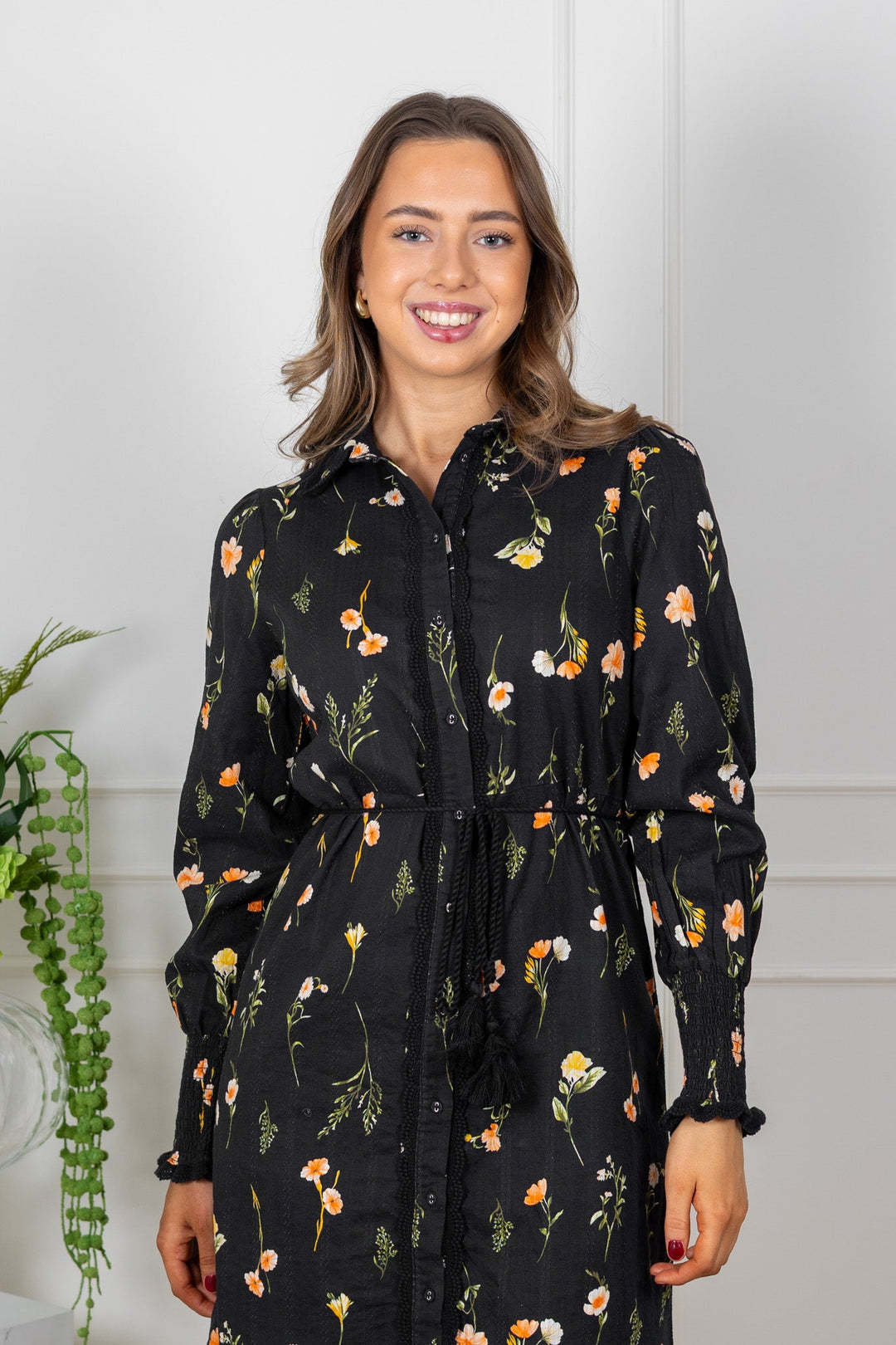 Somelli Ls Long Shirt Dress Black Flower Print | Kjoler | Smuk