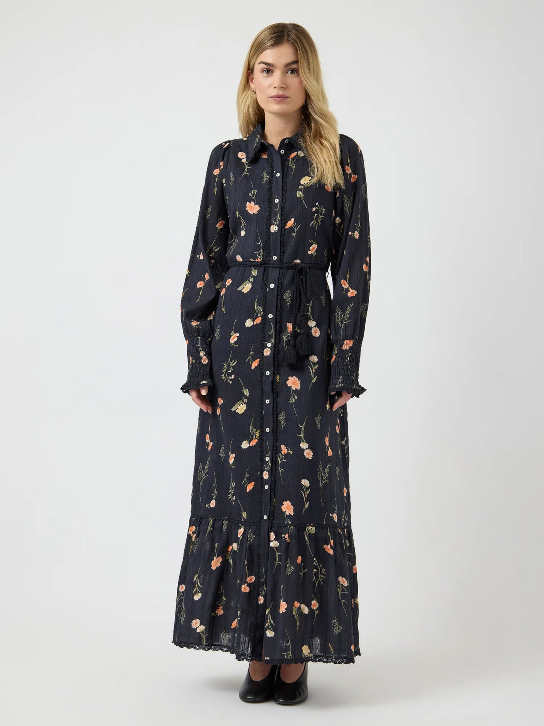 Somelli Ls Long Shirt Dress Black Flower Print | Kjoler | Smuk