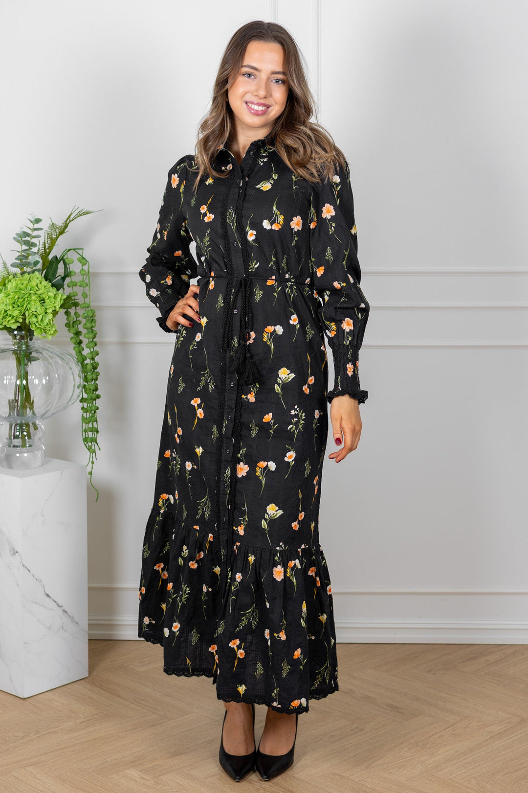 Somelli Ls Long Shirt Dress Black Flower Print | Kjoler | Smuk