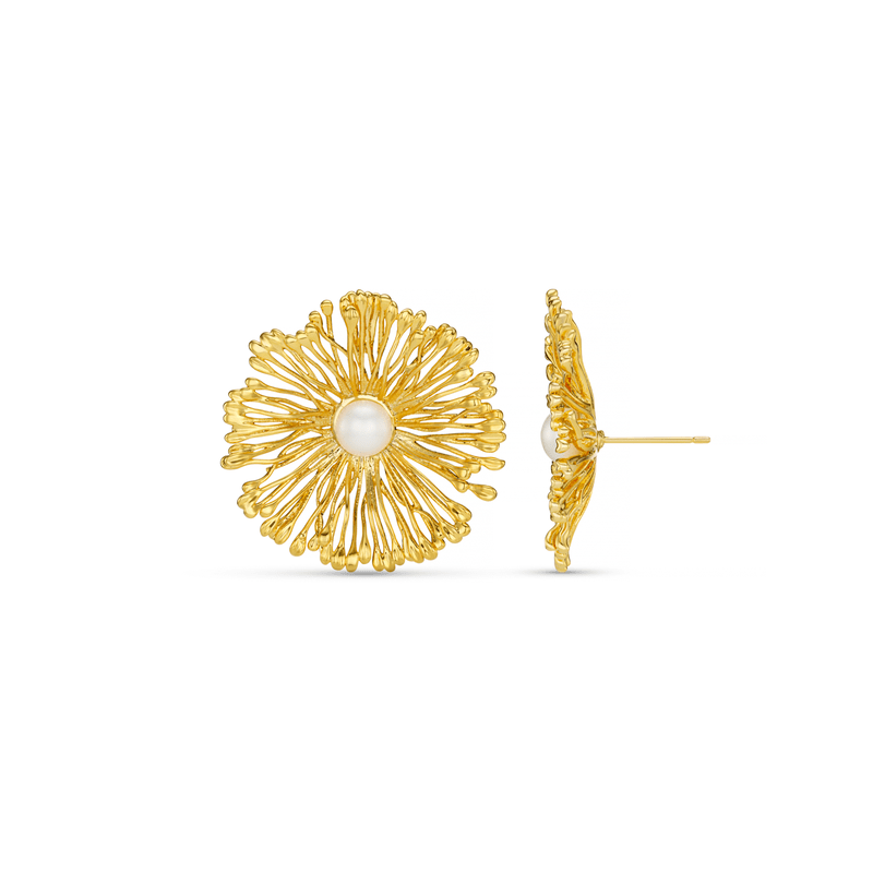 Statement Flower & Pearl Stud Earring Pale Gold | Accessories | Smuk