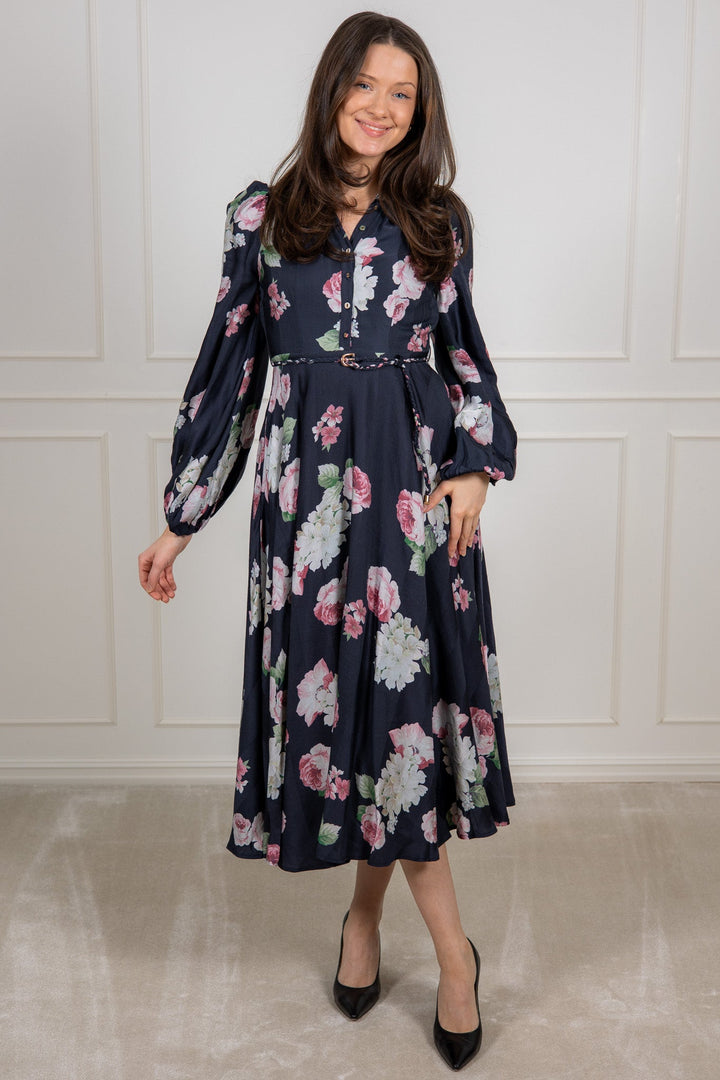Striped Collared Midi Dress Midnight Bouquet | Kjoler | Smuk - Dameklær på nett