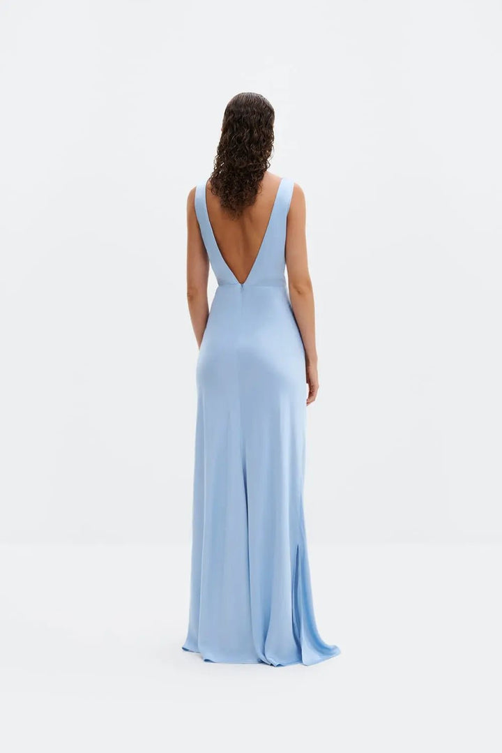 Thelma Open Back Satin Maxi Dress Dusty Blue | Kjoler | Smuk