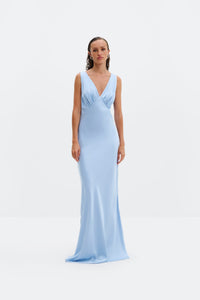 Thelma Open Back Satin Maxi Dress Dusty Blue