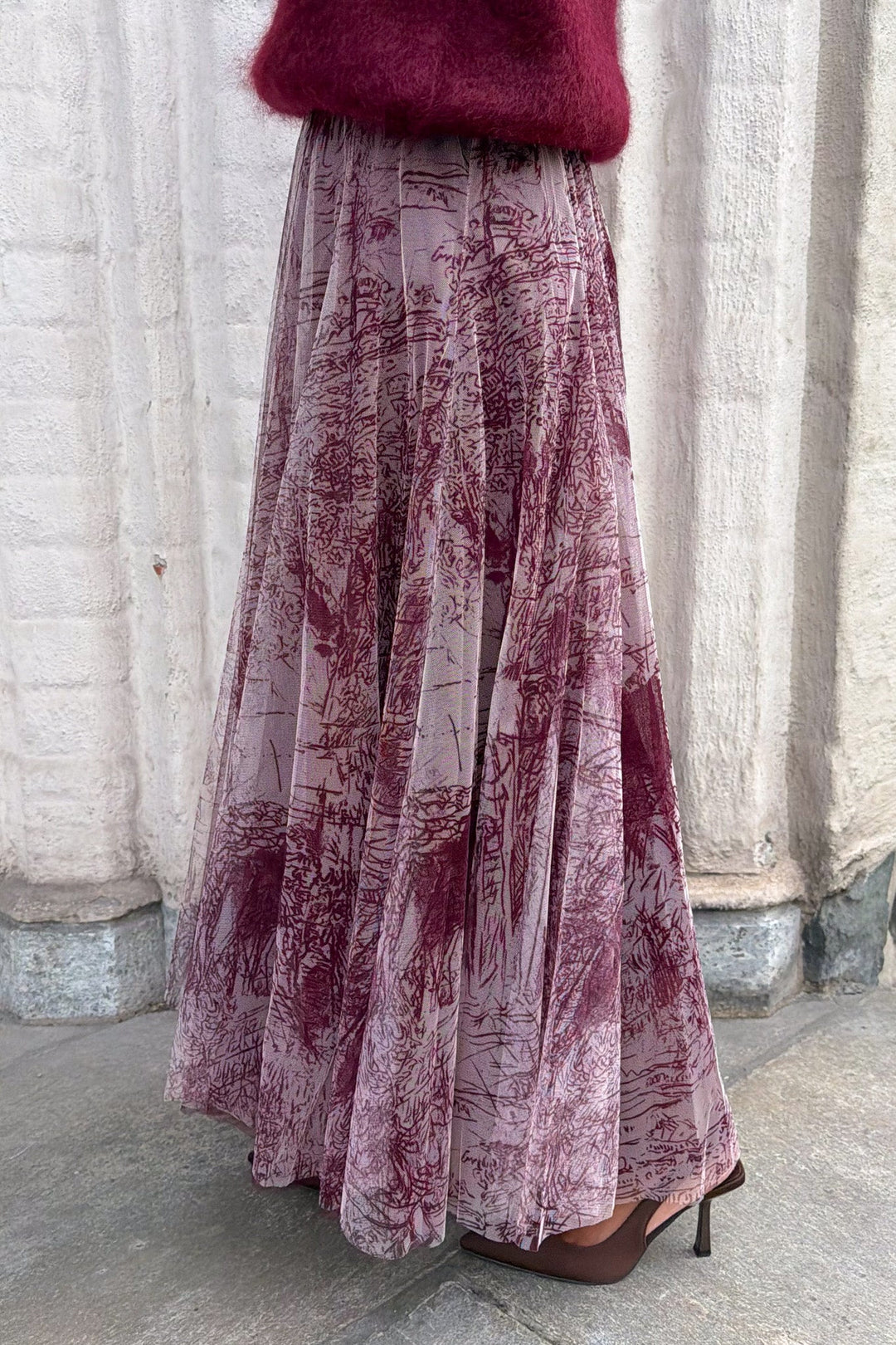 Tyll Print Midi Skirt Bordeaux | Skjørt | Smuk