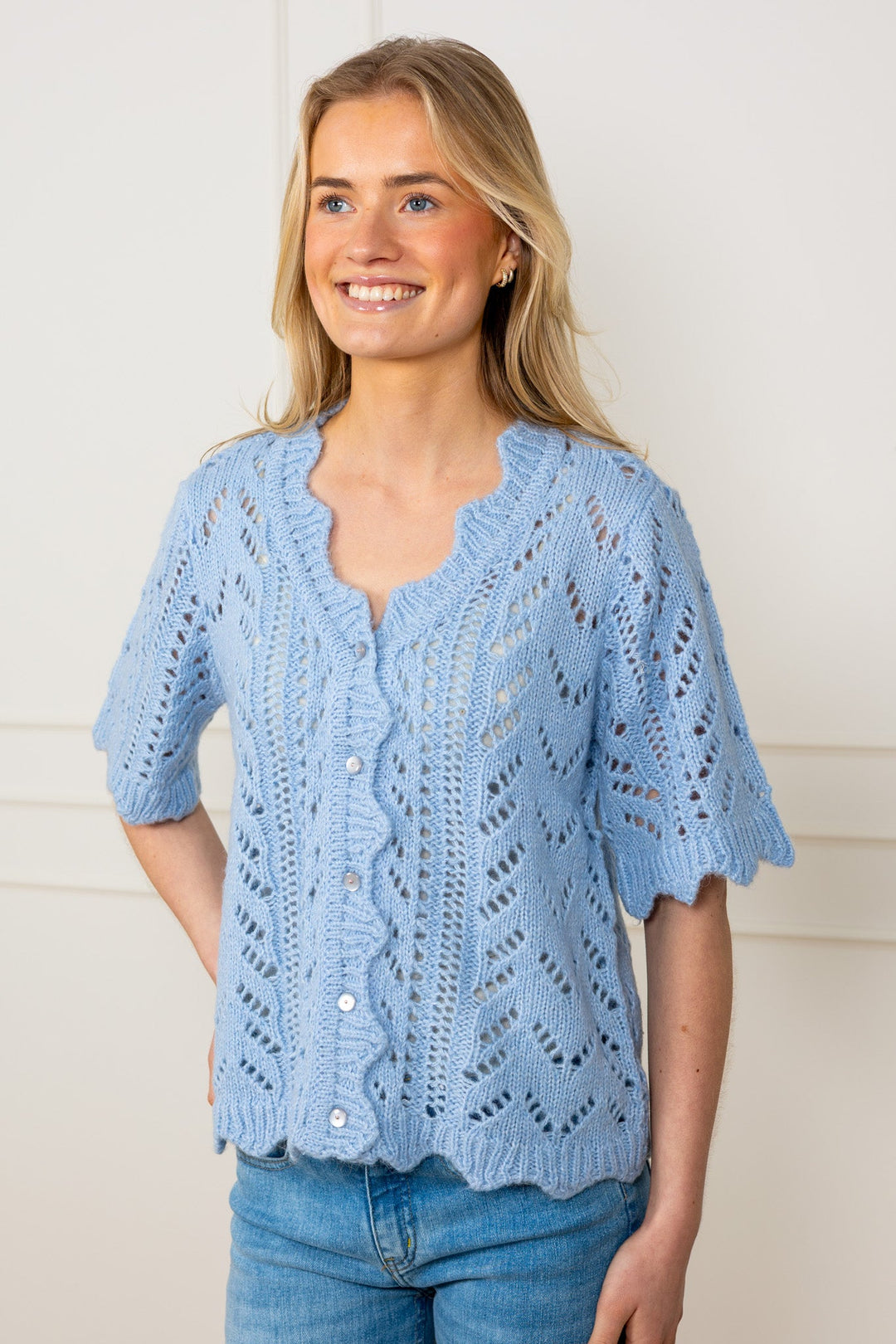 Vienna Ss Knit Cardigan Skyway W. White Melange | Genser | Smuk
