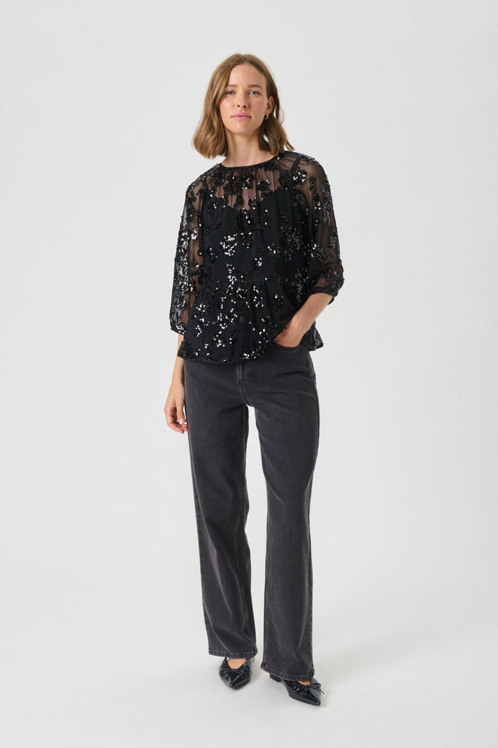 Vivan Blouse Black Sequins On Mesh | Skjorter og bluser | Smuk - Dameklær på nett