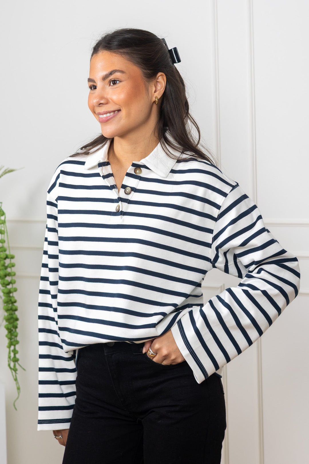 Wada Ls Stripe Collar Top Dark Sapphire Snow White | Topper | Smuk