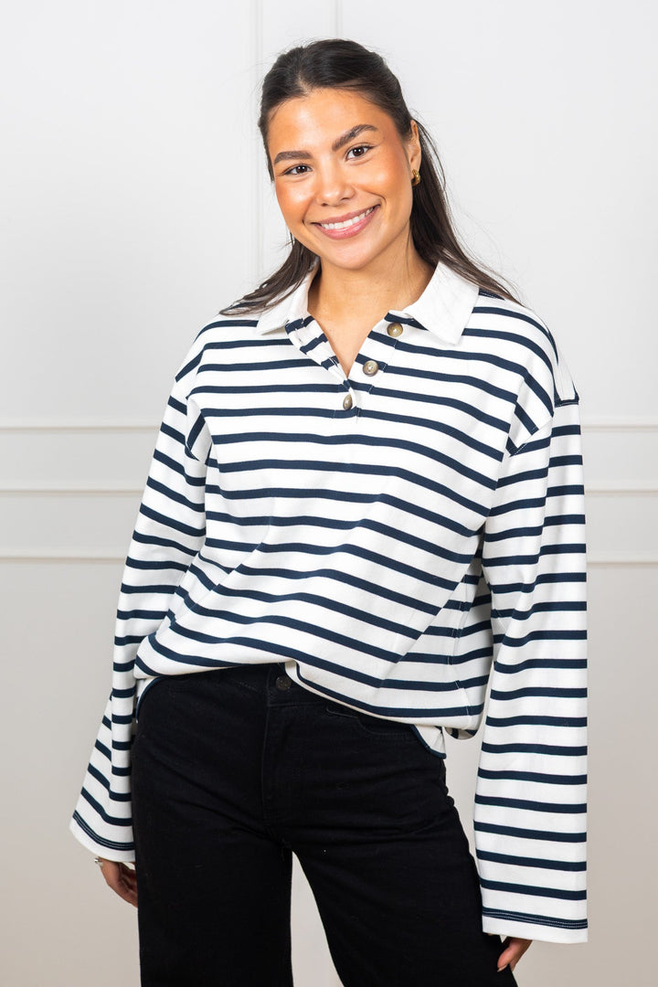 Wada Ls Stripe Collar Top Dark Sapphire Snow White | Topper | Smuk