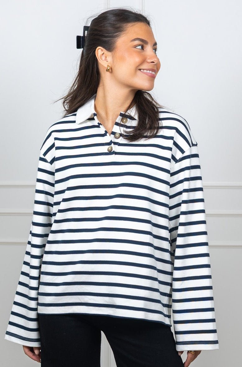 Wada Ls Stripe Collar Top Dark Sapphire Snow White | Topper | Smuk