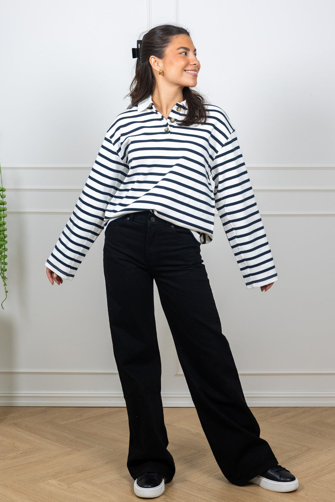 Wada Ls Stripe Collar Top Dark Sapphire Snow White | Topper | Smuk