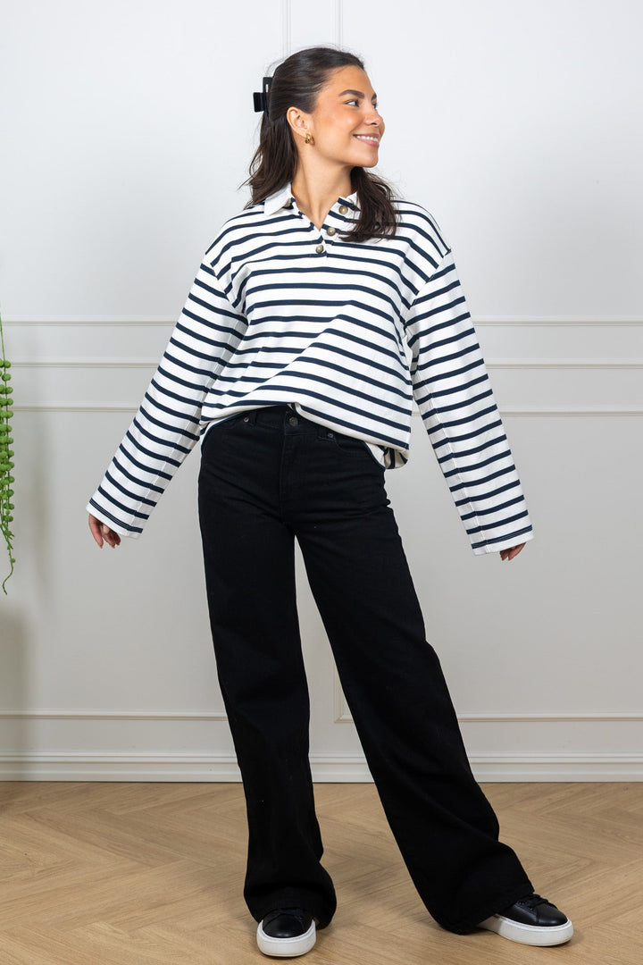 Wada Ls Stripe Collar Top Dark Sapphire Snow White | Topper | Smuk
