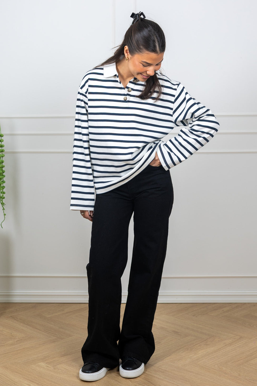 Wada Ls Stripe Collar Top Dark Sapphire Snow White | Topper | Smuk
