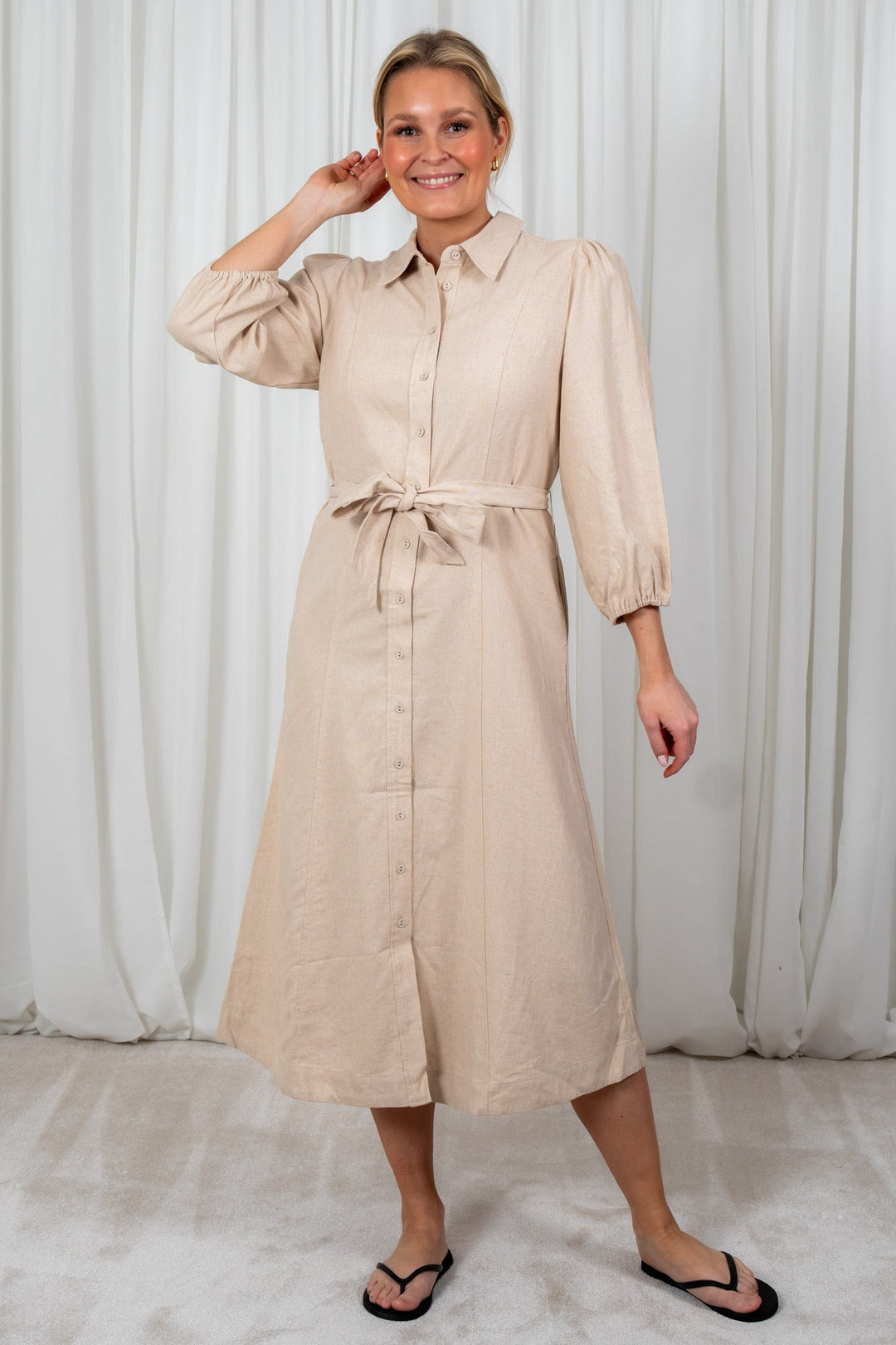 Yasflaxy 3/4 Linen Shirt Dress Birch | Kjoler | Smuk - Dameklær på nett