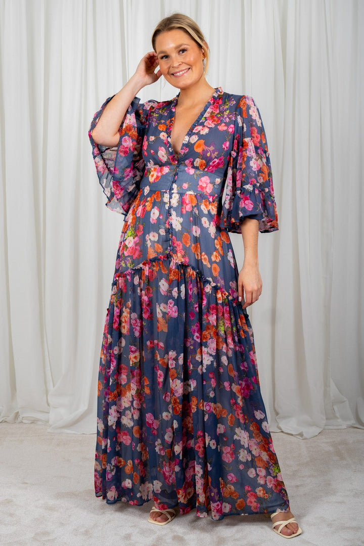 Chiffon V-Neck Dress Blue Poppy | Kjoler | Smuk - Dameklær på nett