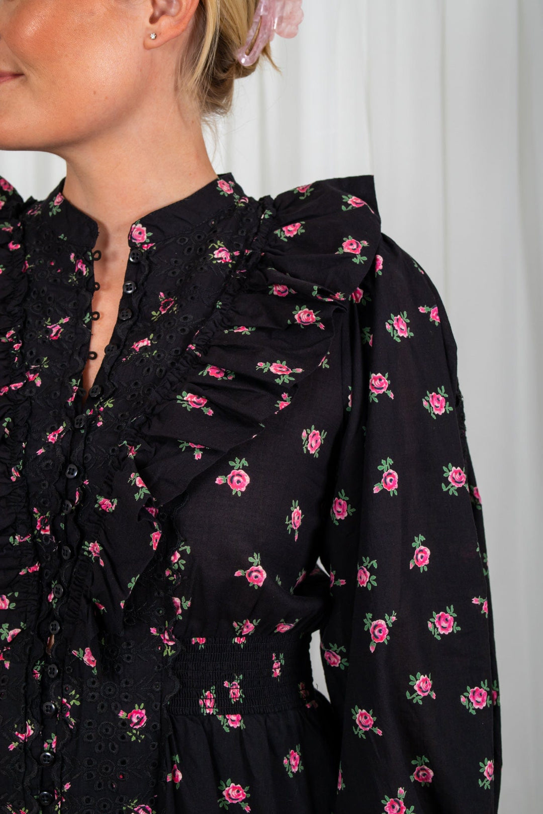 Cotton Slub Frill Dress Roses | Kjoler | Smuk - Dameklær på nett