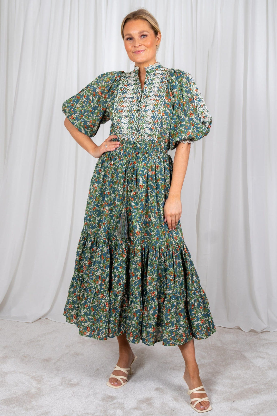 Cotton Slub Midi Dress Green Garden | Kjoler | Smuk - Dameklær på nett