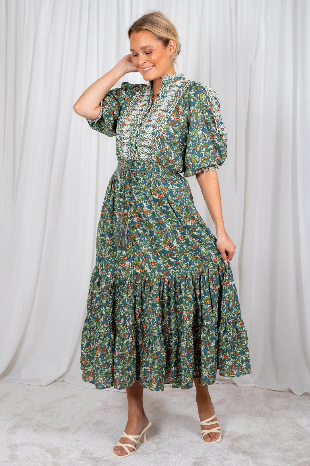Cotton Slub Midi Dress Green Garden | Kjoler | Smuk - Dameklær på nett