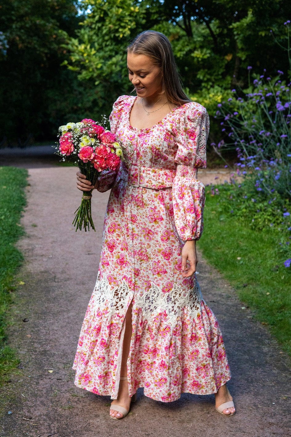 Linen Maxi Dress Pink Flowers | Kjoler | Smuk - Dameklær på nett
