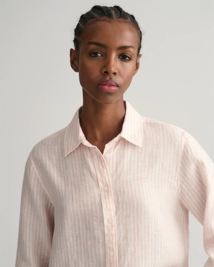 Reg Linen Stripe Shirt Guava Orange | Skjorter og bluser | Smuk - Dameklær på nett