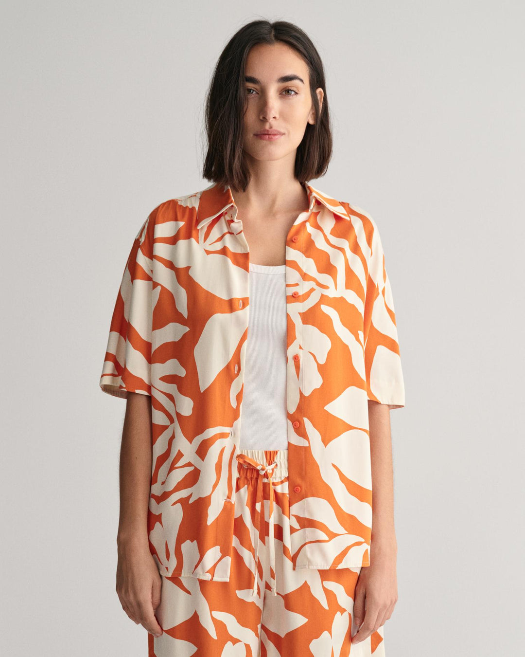 Relaxed Fit Palm Print Short Sleeve Shirt Pumpkin Orange | Skjorter og bluser | Smuk - Dameklær på nett