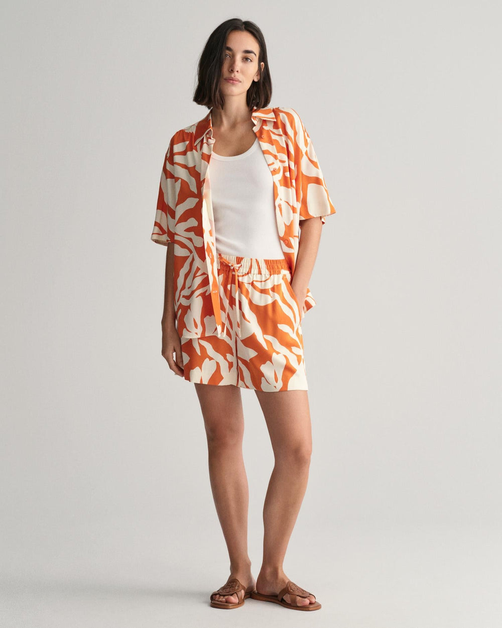 Relaxed Fit Palm Print Short Sleeve Shirt Pumpkin Orange | Skjorter og bluser | Smuk - Dameklær på nett