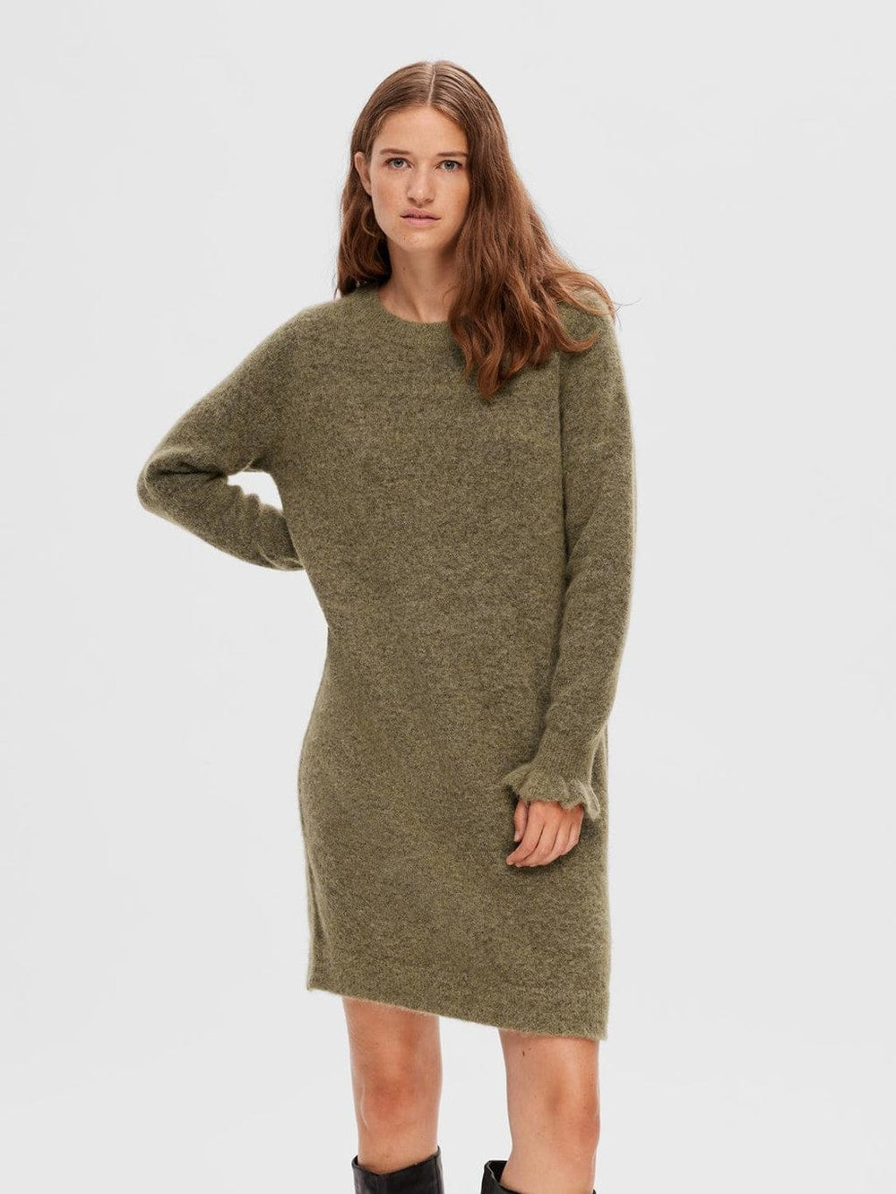 Sia Ras Frill Ls Knit Dress Dusky Green | Kjoler | Smuk - Dameklær på nett