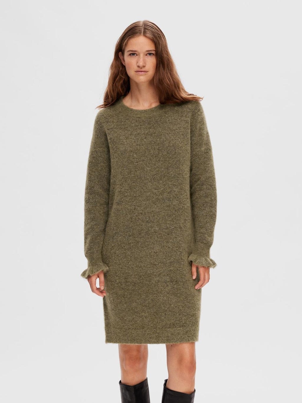 Sia Ras Frill Ls Knit Dress Dusky Green | Kjoler | Smuk - Dameklær på nett