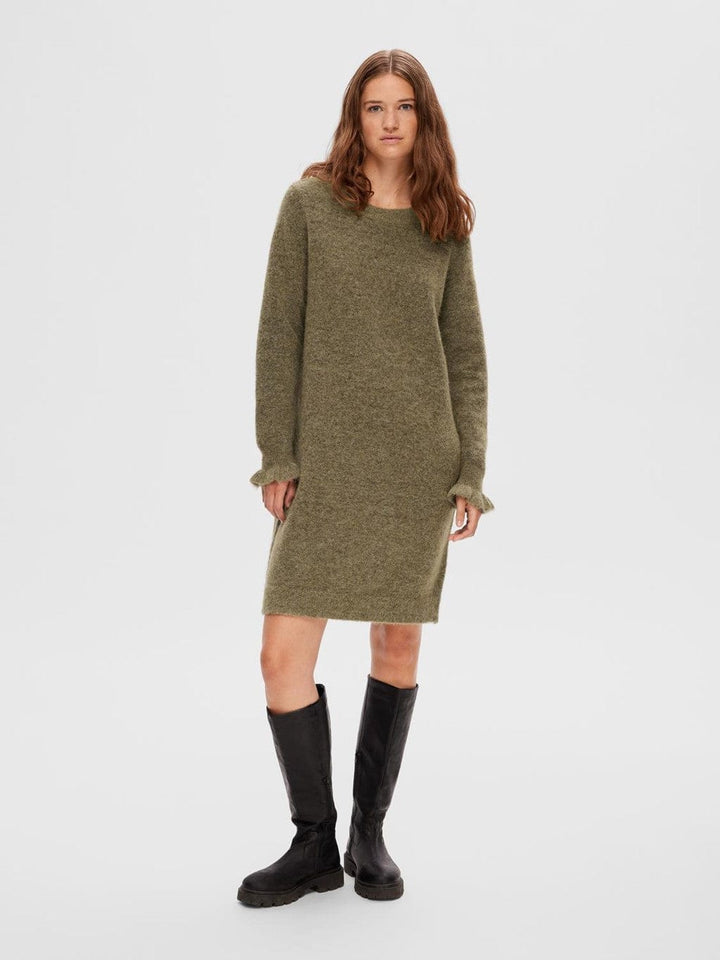 Sia Ras Frill Ls Knit Dress Dusky Green | Kjoler | Smuk - Dameklær på nett