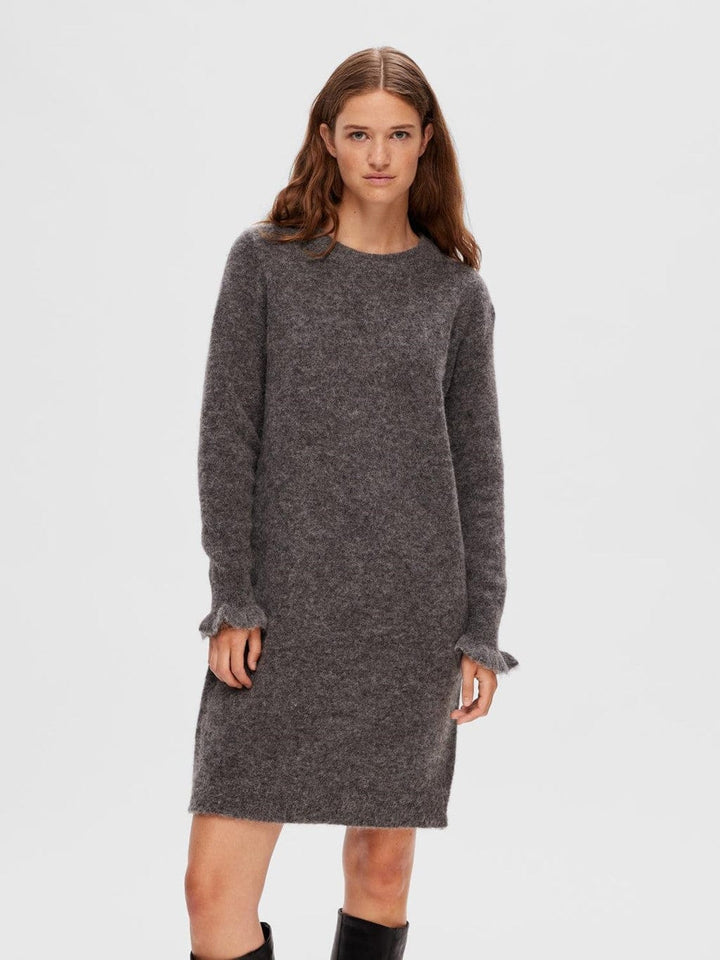 Sia Ras Frill Ls Knit Dress Medium Grey Melange | Kjoler | Smuk - Dameklær på nett